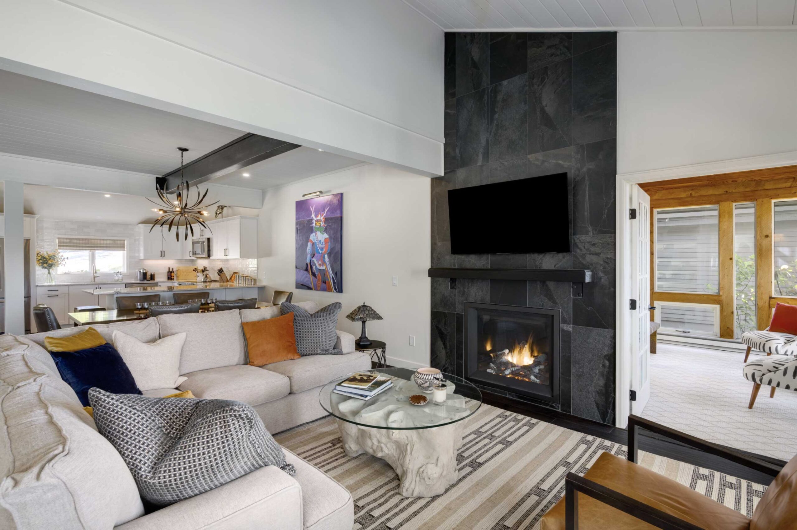 Erickson Interior Design living room with view to dining and kitchen